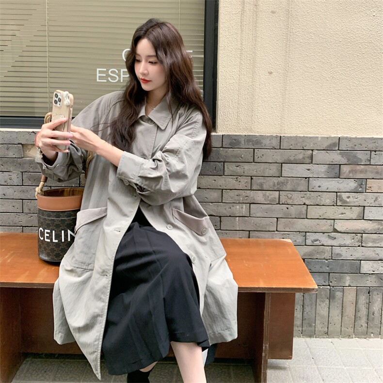 浅灰色时尚显瘦风衣外套女2025春秋季新款韩系时尚宽松中长款大衣,女装风衣,2C372