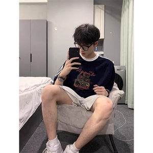 夏季美式高街重磅纯棉三条杠织带撞色男女短袖T恤ZD350-特P30图片