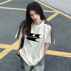 抖音得物品质二开240克宽松纯棉美式潮牌印花三条杠中性风短袖T恤，男装T恤，电商A486-1