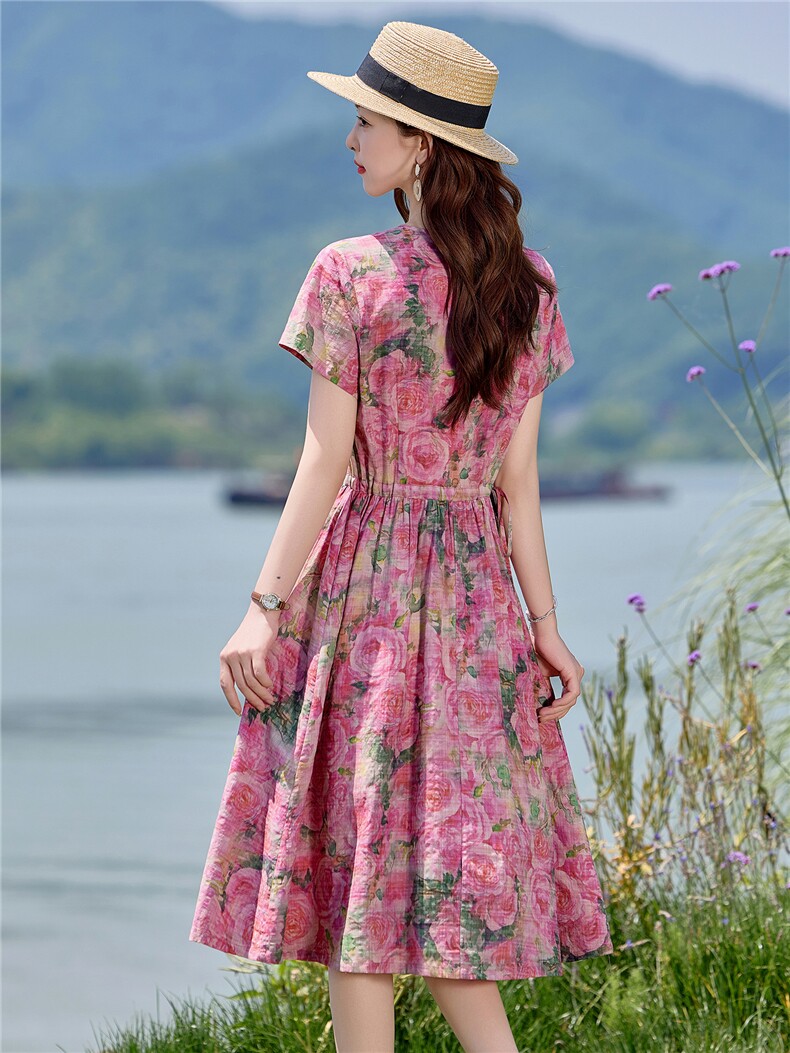新中式盘扣印花棉麻连衣裙女2026夏新款气质收腰显瘦独特漂亮裙子,女装连衣裙,倪叶myz