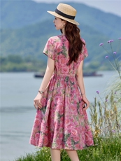 新中式盘扣印花棉麻连衣裙女2026夏新款气质收腰显瘦独特漂亮裙子，女装连衣裙，倪叶myz