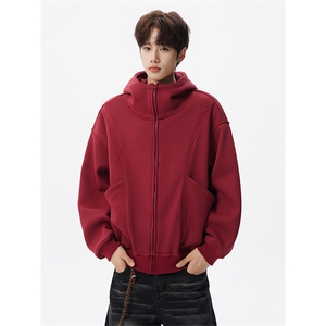 8XL-M 休闲复古潮美式重磅连帽宽松安克拉红色卫衣外套WY34P8图片