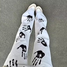 美式高街手掌印花白色微喇牛仔裤男女百搭嘻哈潮牌休闲长裤B1833，男装牛仔裤，星座601-1