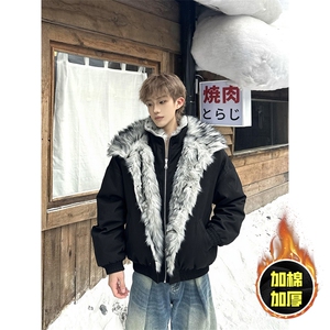 现货高品质美式高街重磅狼王座山雕毛毛领假两件棉衣加厚棉服外套图片