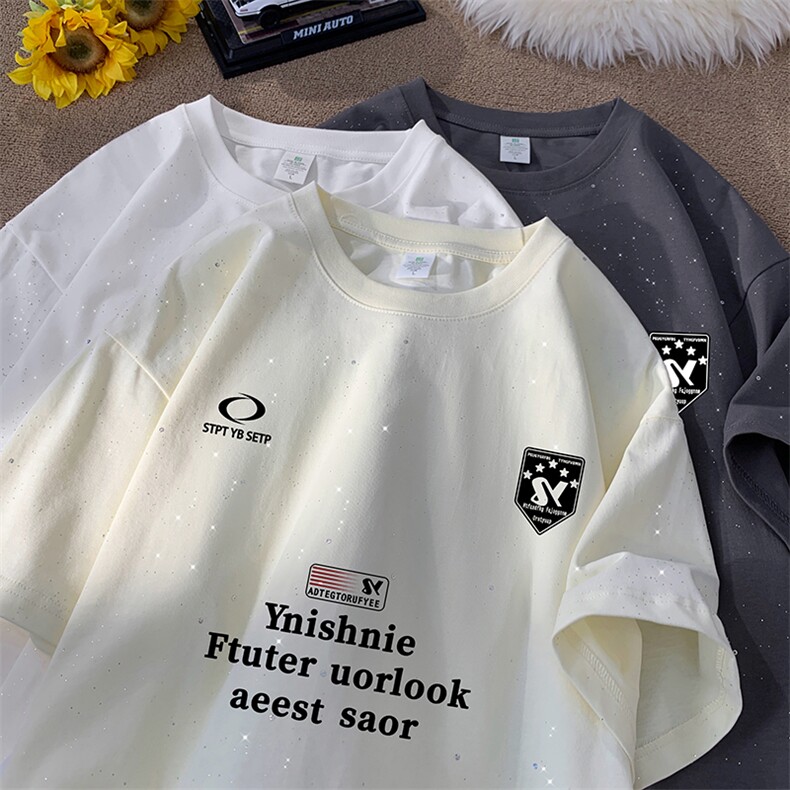 量大优供抖音视频支持得物配合二开美式满天星亮片短袖T恤MTX276,男装T恤,电商A486