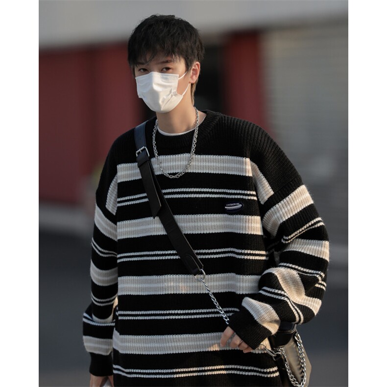 秋冬日系复古oversize套头针织衫新款条纹圆领毛衣男M1658-P45,男装针织衫/毛衣,星座512-4