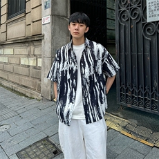 CS506～批35控49有货（自家图）黑白水墨花痞帅衬衫男生短袖夏季，男装衬衫，星座218-5