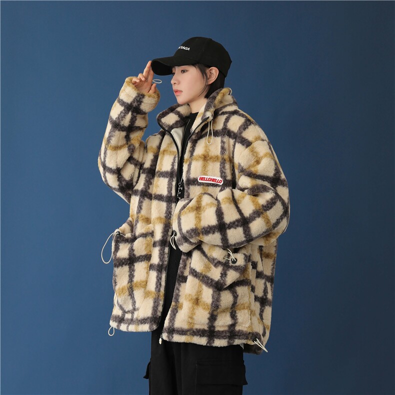 黄色格子羊羔毛大口袋外套男女冬季宽松短款加厚棉服mj400-p138图片