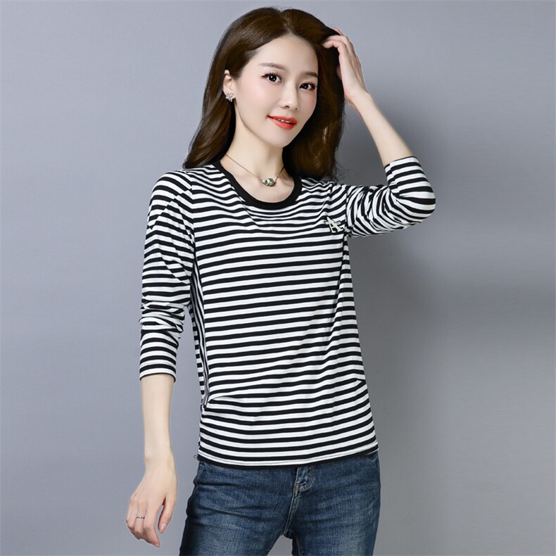 2026春季新款拼接撞色领长袖T恤女修身百搭打底衫A136，女装T恤，板酷