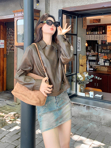 美拉德酷飒拽姐PU皮机车夹克女2025春新款港风复古小个子翻领外套图片