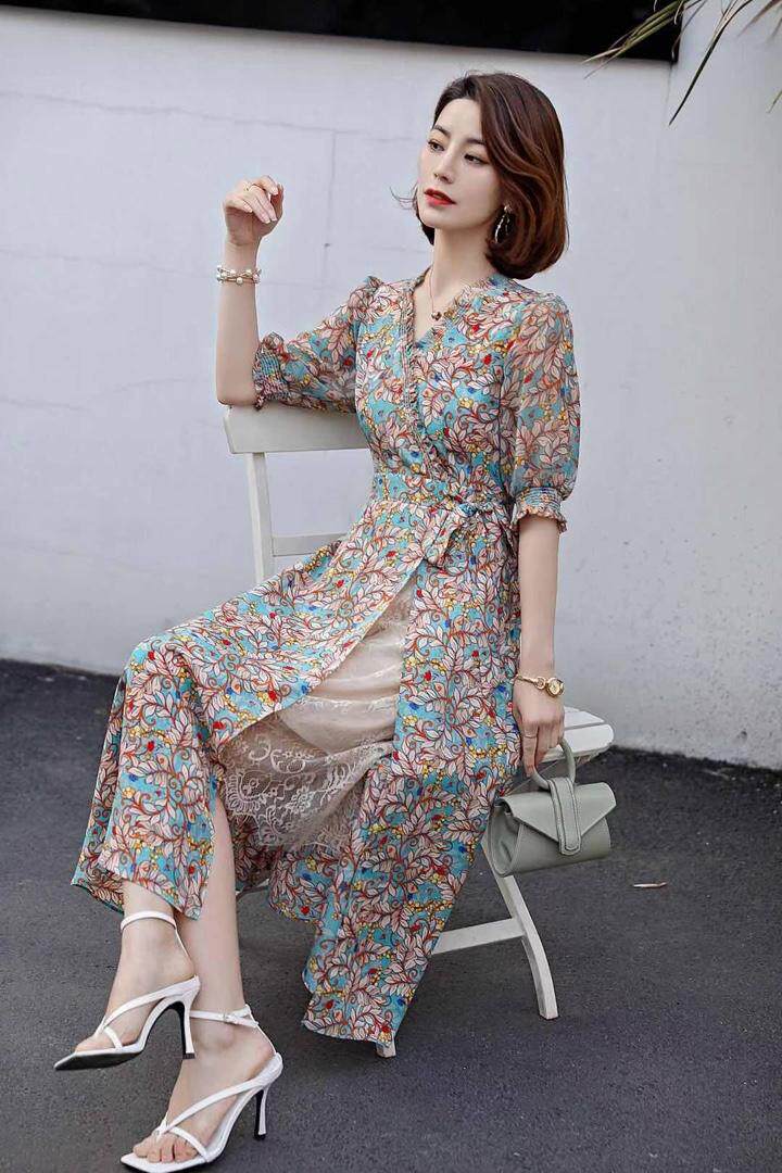 【夏季新款】长款碎花蕾丝连衣裙，女装连衣裙，笑思源