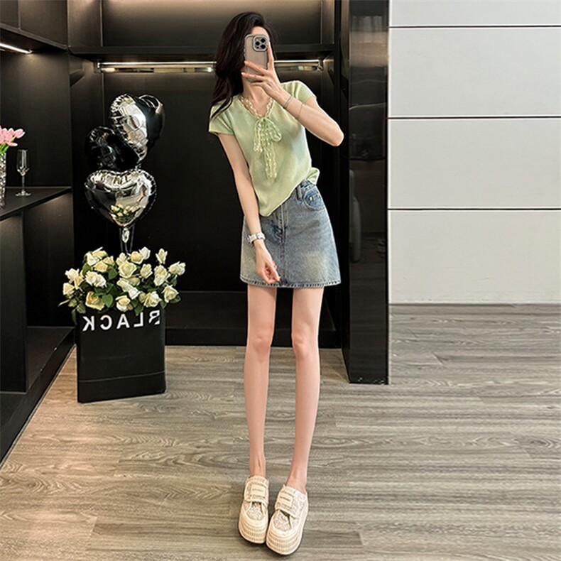 欧货潮流时尚套装女夏新款蕾丝拼接蝴蝶结针织衫牛仔短裙两件套,女装套装/套裙,江南