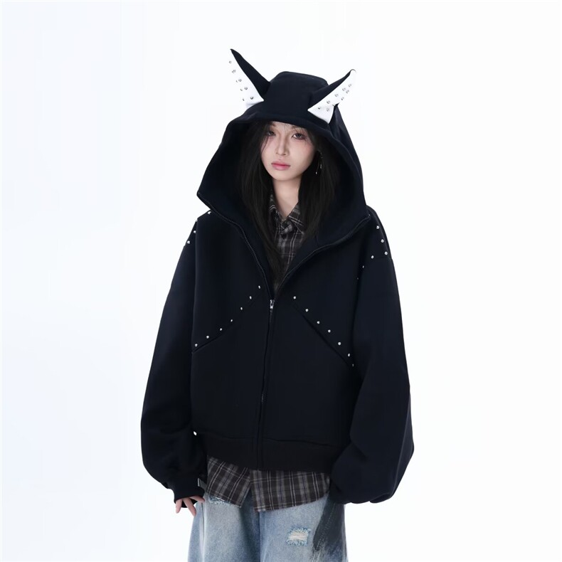 6168-P72 美式复古珍珠设计感连帽短款卫衣女外套图片