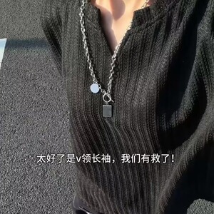 新款深V领长袖针织衫女欧货气质修身显瘦毛衣打底衫开叉上衣TXX03图片