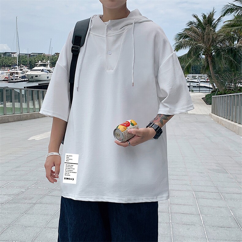 LD54045-P45连帽短袖t恤男大码胖子带帽五分袖中袖,男装T恤,电商A040