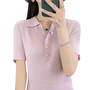 24夏季新款POLO领冰丝针织短袖女拼色纽扣T恤上衣宽松半袖打底衫图片