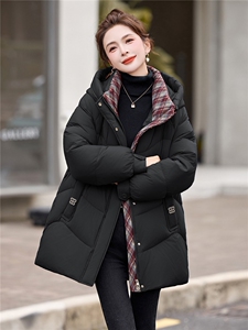 现货2025年新款90绒白鸭绒中长款羽绒服女上衣外套女格子拼接宽松图片