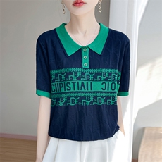 夏季新款天丝polo领拼色字母提花短袖女宽松百搭显瘦时尚休闲上衣，女装T恤，暖娇绒包芯纱店