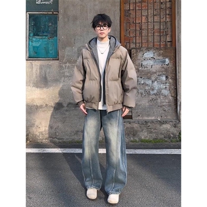 现货高品质重磅工艺美式高街假两件PU皮棉衣男女加厚棉服外套图片