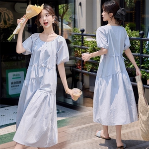 法式洋气减龄纯棉连衣裙女2025夏新款气质遮肉显瘦褶皱拼接A字裙图片