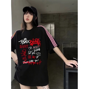 抖音得物品质二开240克宽松纯棉美式潮牌印花三条杠中性风短袖T恤图片