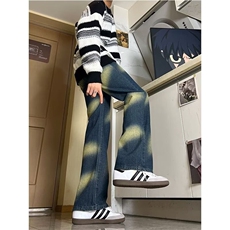 复古水洗做旧扎染宽松牛仔裤男款高街vibe风微喇叭裤潮牌XF913，男装牛仔裤，星座506