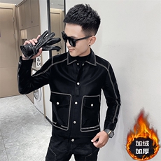 水洗皮衣男翻领潮流韩版修身短款皮衣P2203-P118加绒P128，男装皮衣，电商A368