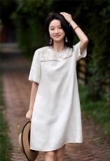 连衣裙宽松圆领女直筒裙25夏新30苎麻70棉，女装连衣裙，梦白服饰厂