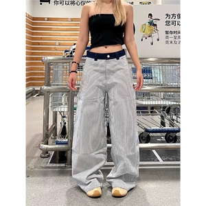 美式原创爱心刺绣竖条纹休闲裤男女松弛街舞直筒宽松百搭裤子图片