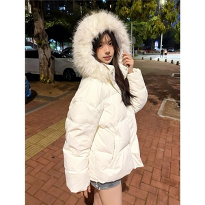 白色短款可拆卸毛领羽绒棉服男冬季保暖棉衣外套美式情侣装面包服图片