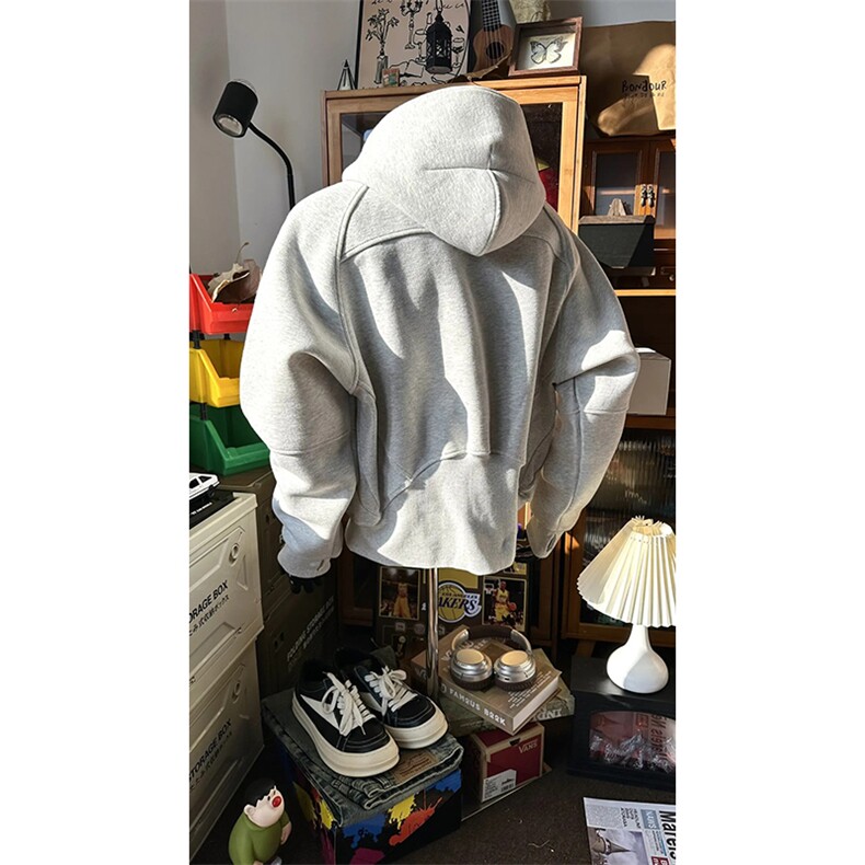 抖音得物高品质二开26春装重磅宽松结构拉链设计高领连帽卫衣W76,男装卫衣,电商A486-1