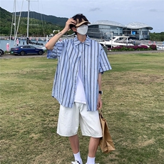 大货港风条纹衬衫男短袖宽松夏季衬衣半袖上衣牌DX173P4558，男装T恤，电商B413-1