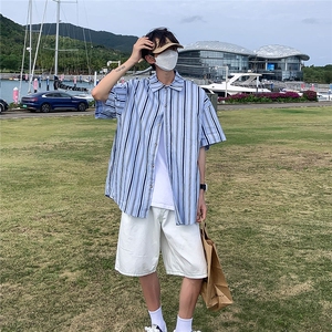 大货 港风条纹衬衫男短袖宽松夏季衬衣半袖上衣牌DX173P4558图片