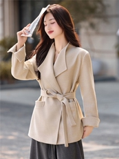 现货手工缝制冬季保暖新款时尚舒适西装领系带双面呢一手长外套，女装毛呢外套，时尚俏佳人