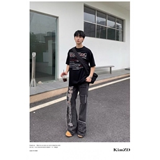 网络图现货！拼接平腰半松紧高街牛仔裤RY9200-P65，男装牛仔裤，星座1005-6