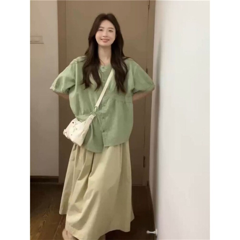 夏季文艺复古绿色格子上衣+卡其色中长款半身裙学生两件套装,女装半身裙,星座506A