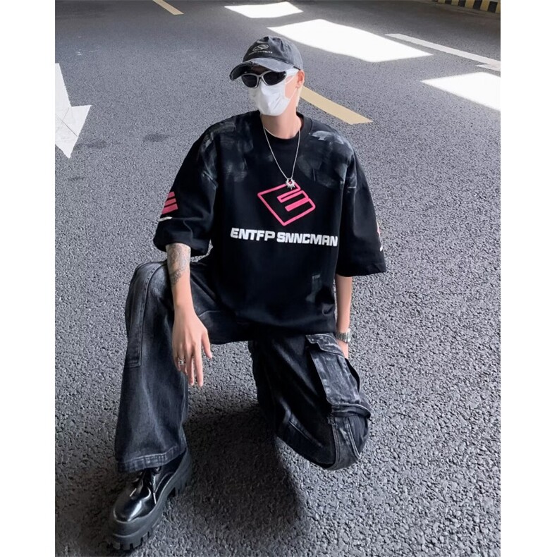 美式复古重磅赛车服t恤男夏季潮牌高街短袖男小众半袖T25033-P32,男装T恤,星座1008