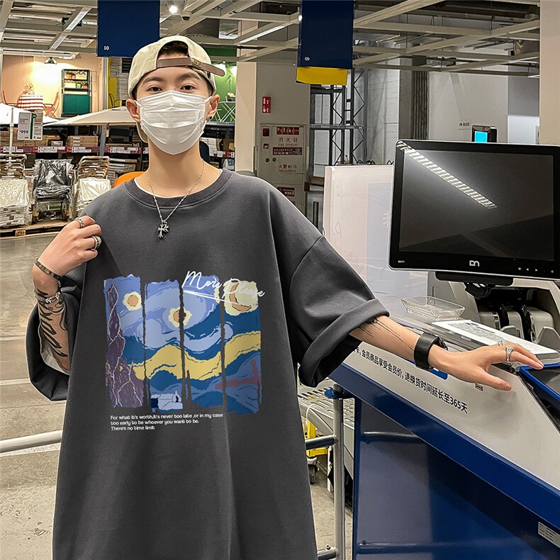 港风23新款夏季时尚百搭宽松印花圆领复古短袖T恤T6095P25控38,男装T恤,电商A268A
