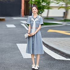 牛仔连衣裙2025夏季新款独特漂亮绝美韩系减龄收腰显瘦蕾丝衬衫裙，女装牛仔裙，乐吉娜