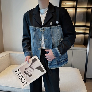 秋季潮男设计款牛仔拼接外套男个性休闲帅气小西服男JK2302-P145,帅气女生穿搭夏天图片