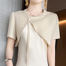 25夏新款小披肩短袖女圆领醋酸缎面吊带裙罩衫高级感短款气质外搭，女装蕾丝衫/雪纺衫，九戎