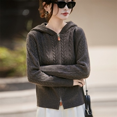 老钱风连帽双拉链100纯羊毛针织开衫女复古麻花保暖打底毛衣外套，女装羊毛衫，九嘉羊绒