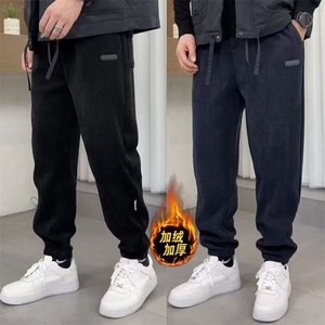 秋冬新款雪尼尔休闲卫裤男潮流百搭加绒加厚宽松直筒束脚运动长裤图片