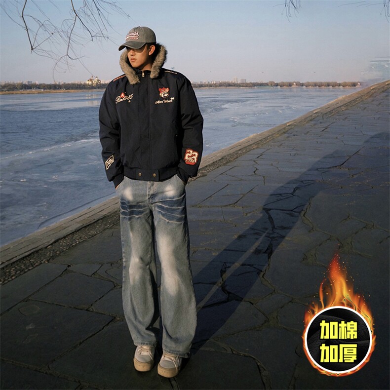 现货高品质美式高街重磅刺绣座山雕大毛毛领棉衣男女加厚棉服外套，男装棉衣，电商A443