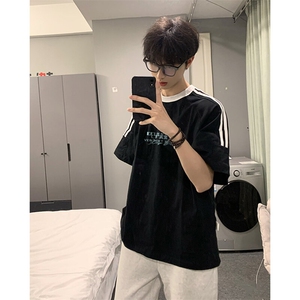 夏季美式高街重磅纯棉三条杠织带撞色男女短袖T恤ZD618-特P30图片