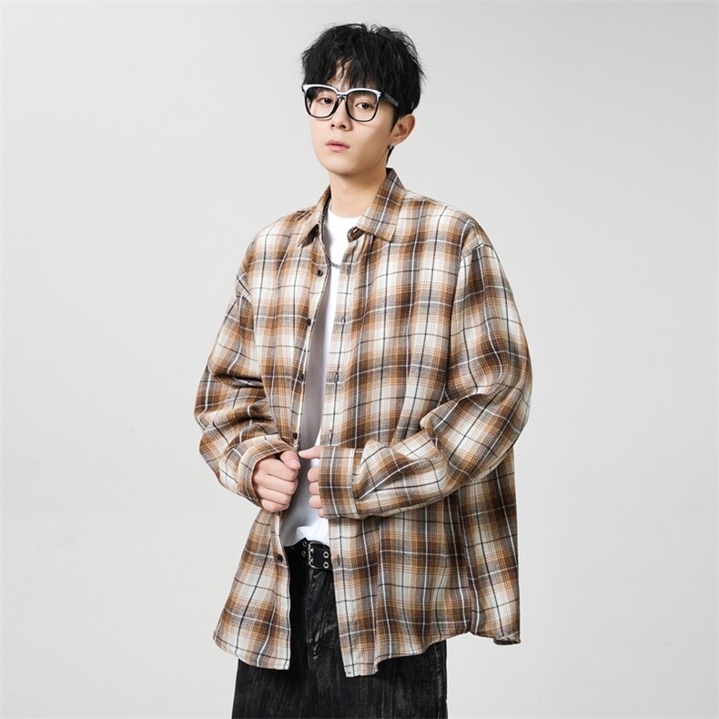25年春季格子长袖衬衫得物二开衬衣宽松现货DS-C323-1-2380-T批30,男装衬衫,电商C323-1