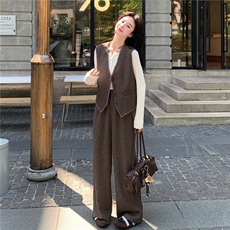 老钱风穿搭套装女2025秋季新款超好看复古马甲宽松阔腿裤两件套，女装套装/套裙，2C375