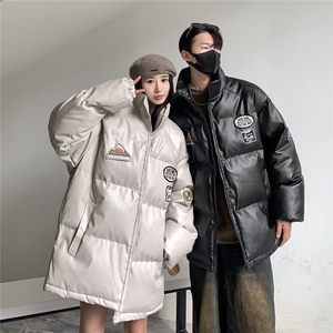 23冬装新款 美式复古徽章皮棉服pu情侣棉衣面包服外套男D333 P118图片