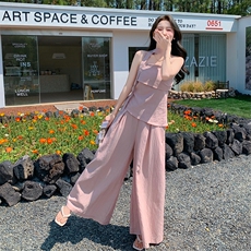 粉色法式简约甜美风吊带上衣套装女2025夏季新款高腰阔腿裤两件套，女装套装/套裙，浙宝220