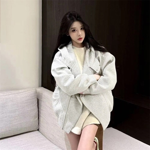 抖音得物品质 26春装美式重磅结构斜拉链高领连帽卫衣开衫外套W61图片